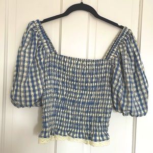 English Factory Gingham Smocked Top | Blue & Cream